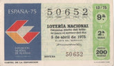 Loteria E00272: hoja nº 20. Loteria Nacional. Nº 50652, serie 2ª, fracción 9ª, precio 200 pesetas, sorteo 13/75 del 5 de Abril de 1975. Cartel de la Exposición